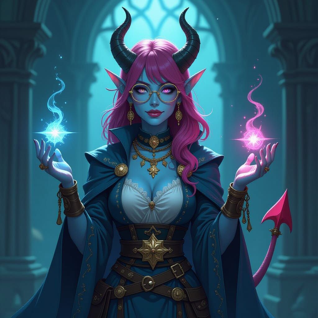 Blue Tiefling Cleric Casting Spell in Sanctuary