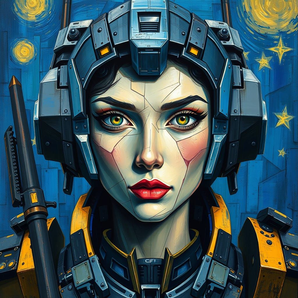 Majestic Mecha Guards Cubist Portrait of Enigmatic Woman