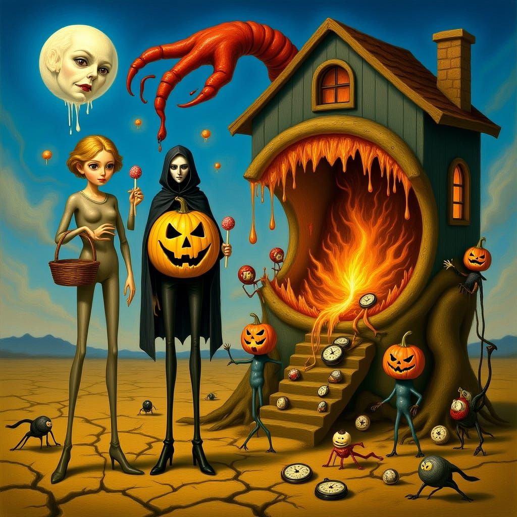 Surreal Dalí-esque Halloween Landscape with Melting Clock