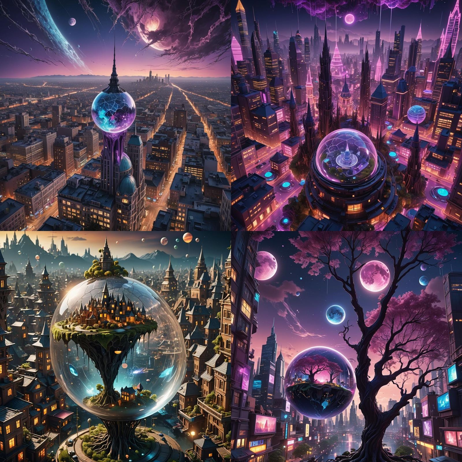 Surreal Floating City in Pink and Purple Sky