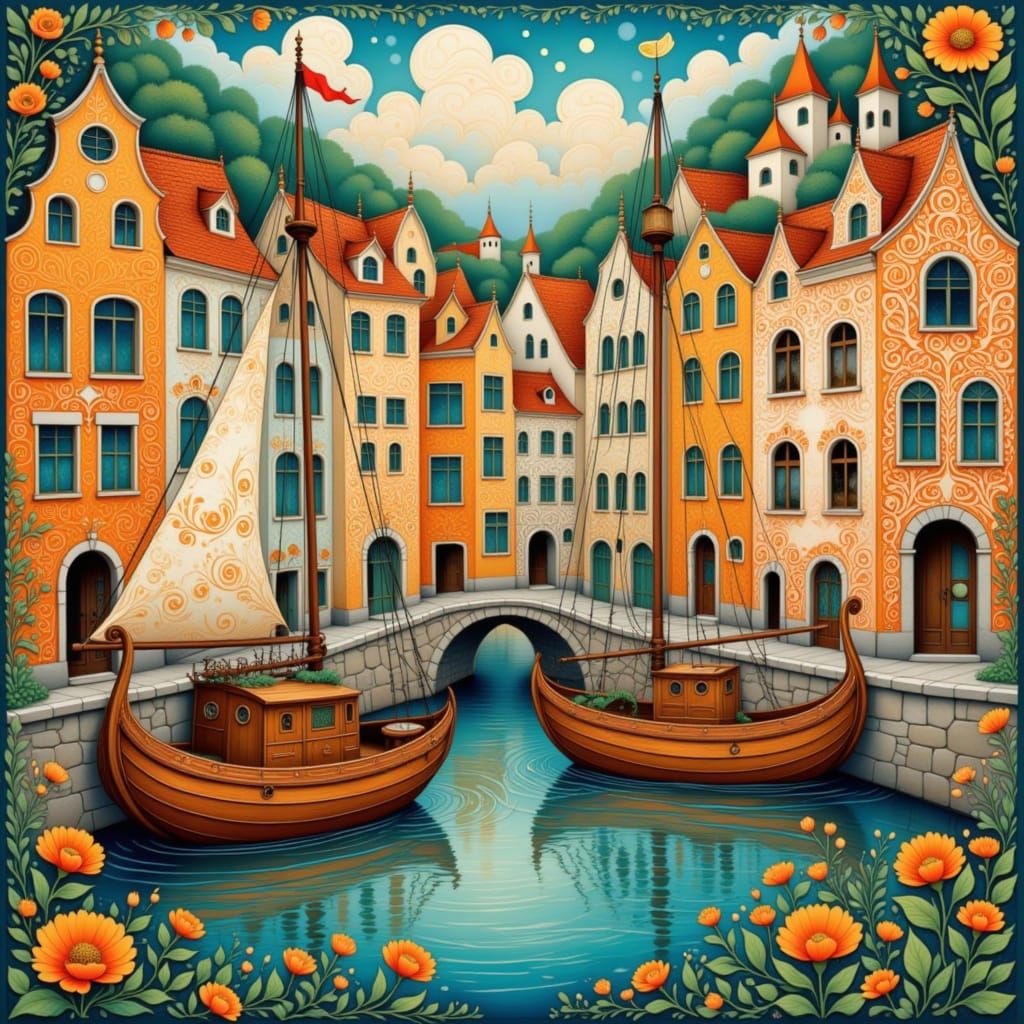 Whimsical Folk Art Nouveau Harbor Scene