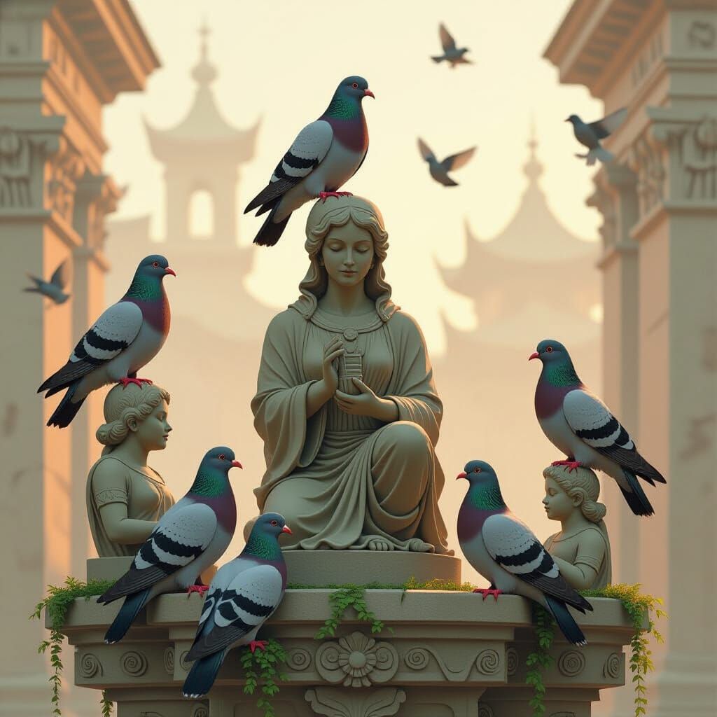 Pigeons on Stone Statues in Mystical Earthy Tones