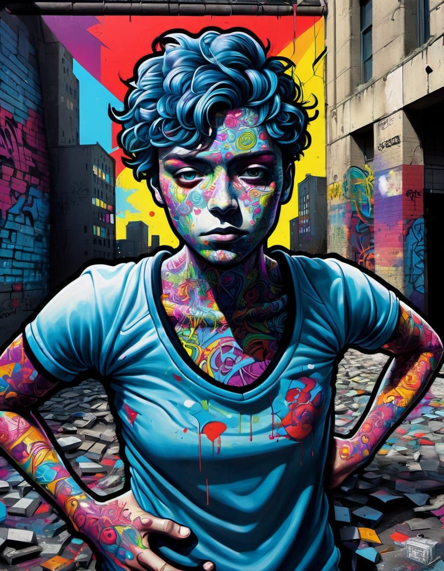 A Somber Figure Amidst Vibrant Abandoned Cityscape in Oil Go...