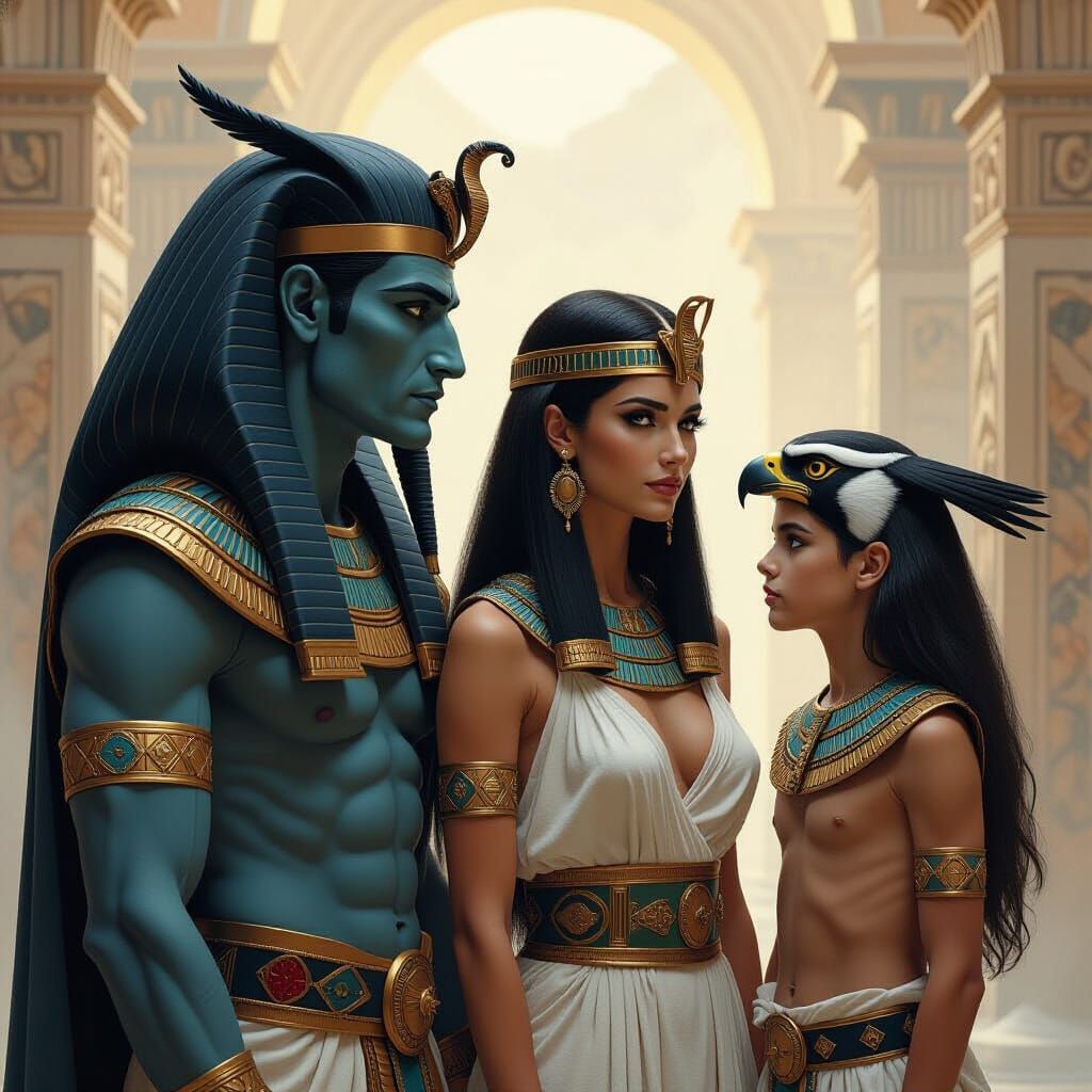 Osiris, Isis and Horus in Photorealistic Style