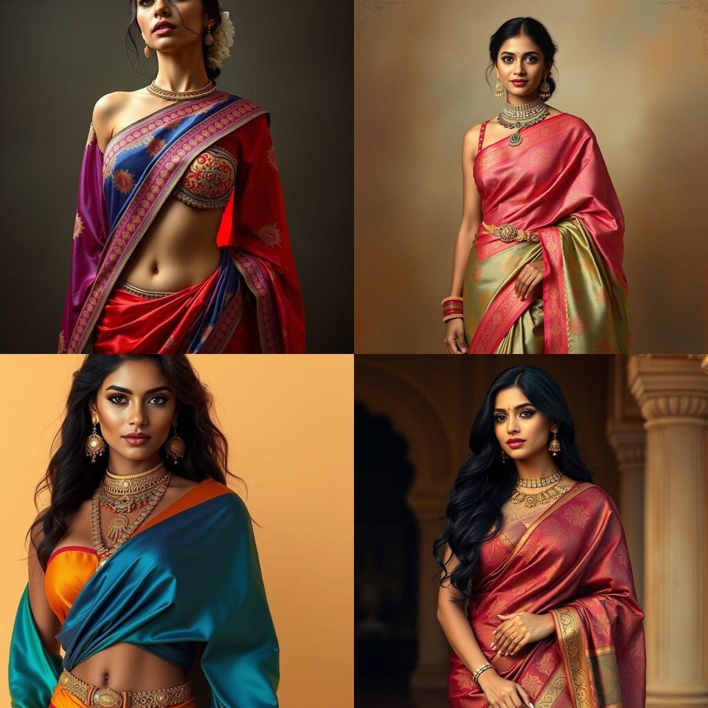 Sensual Indian Woman in Satin Saree Bikini