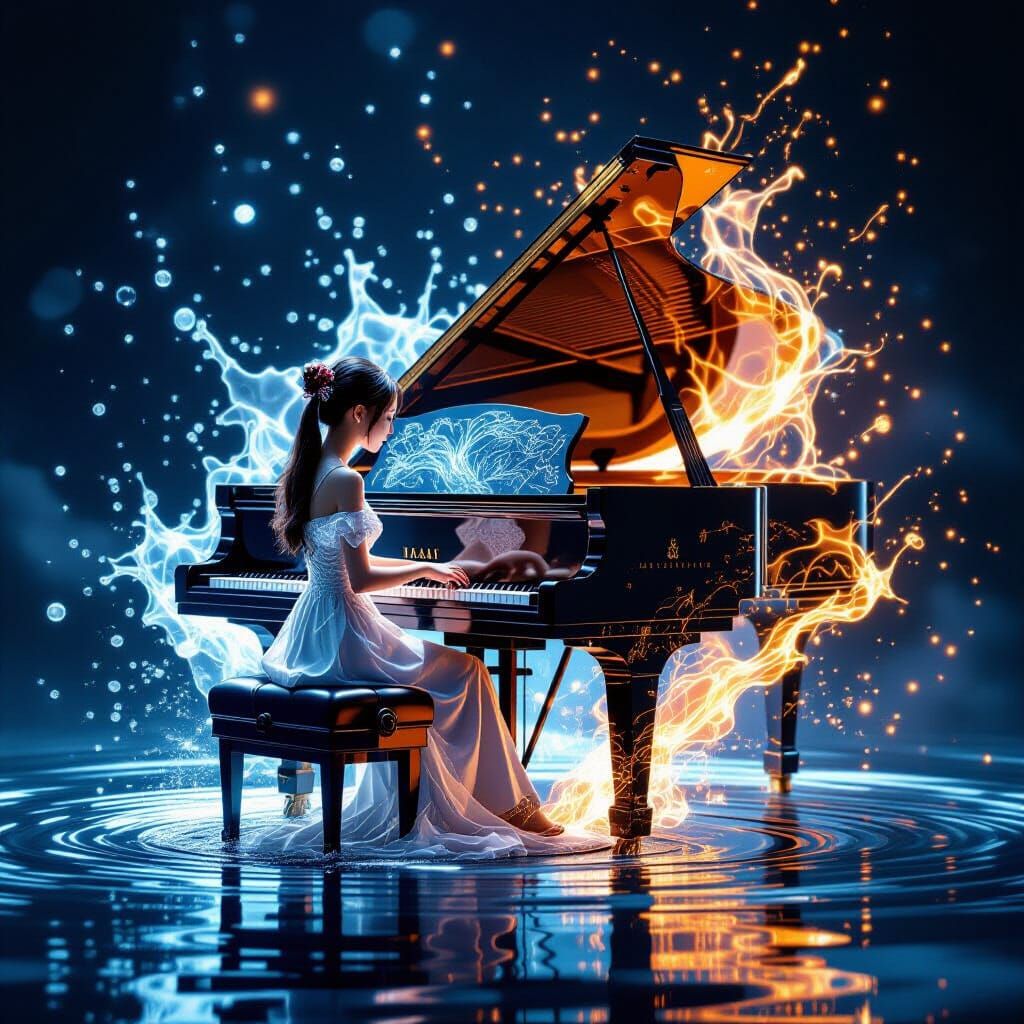 Chinese Girl Embodies Elements Playing Piano in 3D Double Ex...