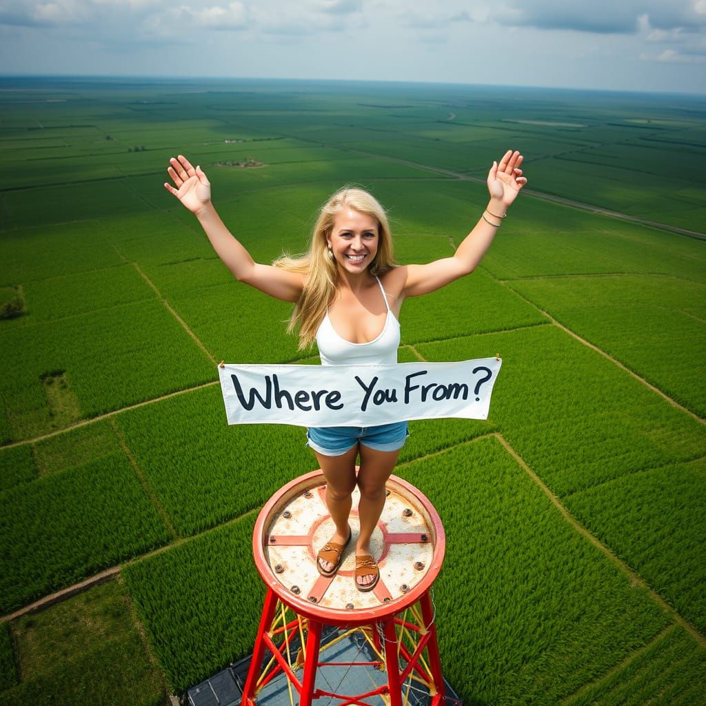 Woman on Tower in Rice Fields: Landscape Photography