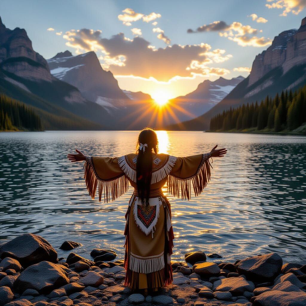 Native Woman Greets Dawn at Mountain Lake