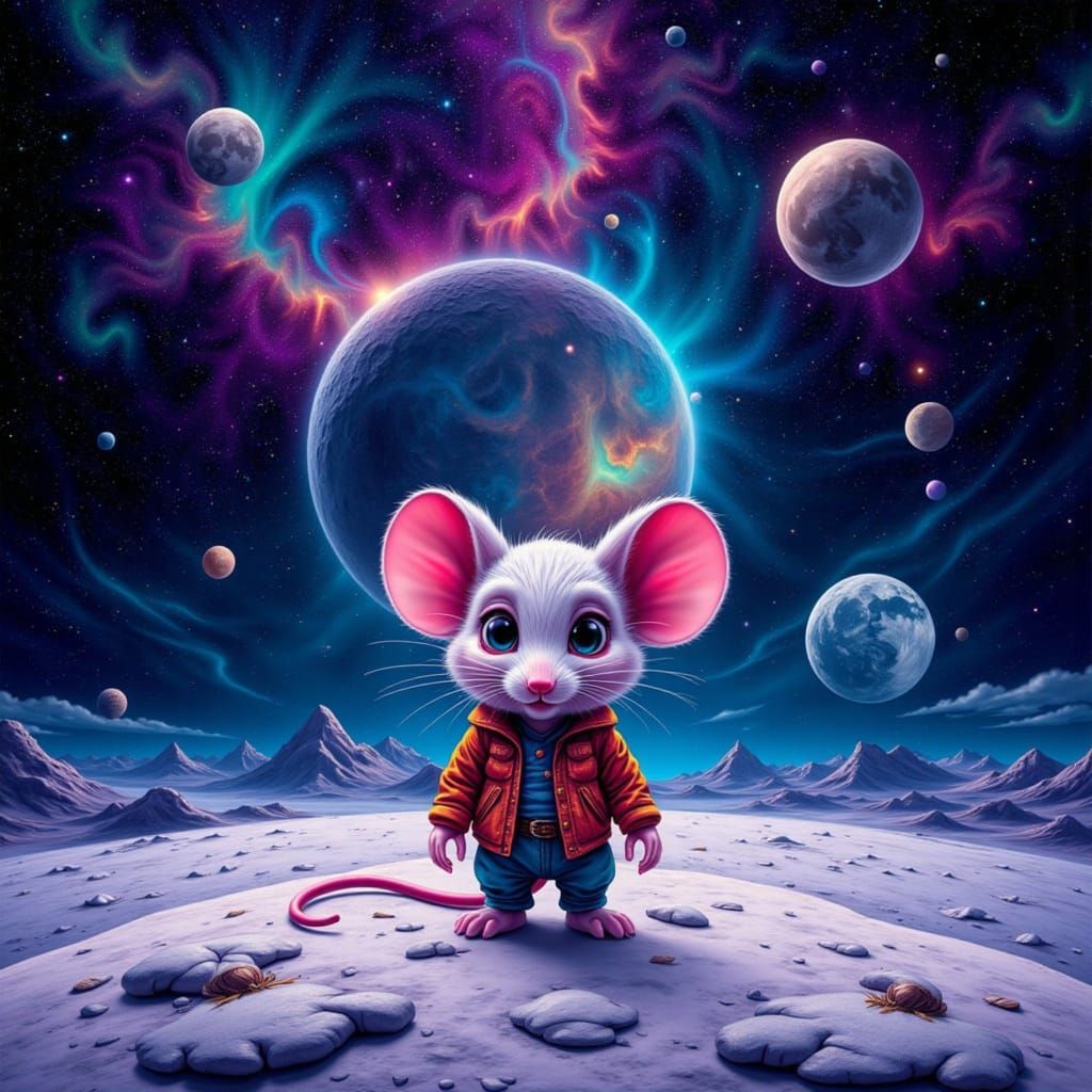 Chibi Mouse on Moon with Starry Sky, Airbrush Style