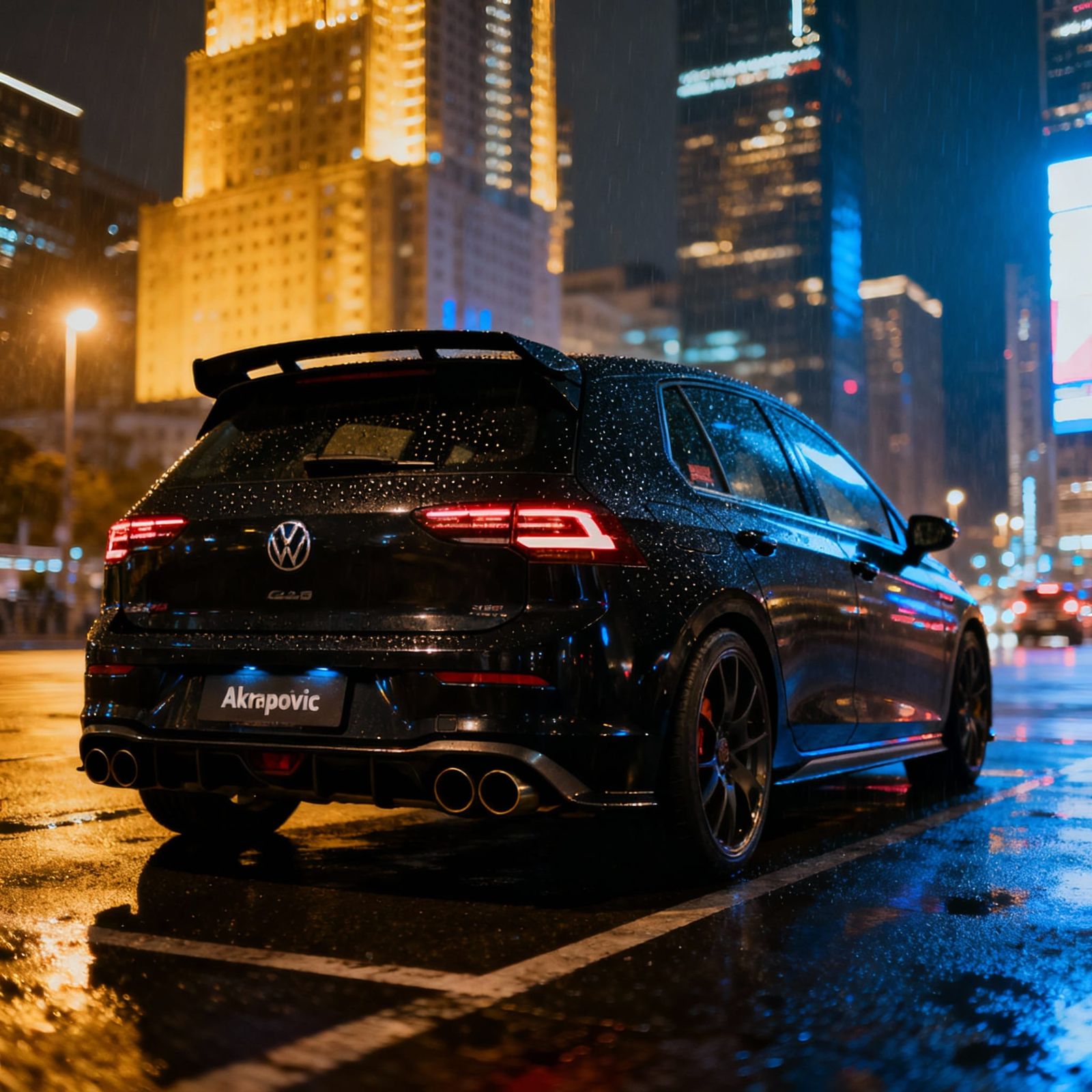 Black VW Golf R in Neon Cityscape