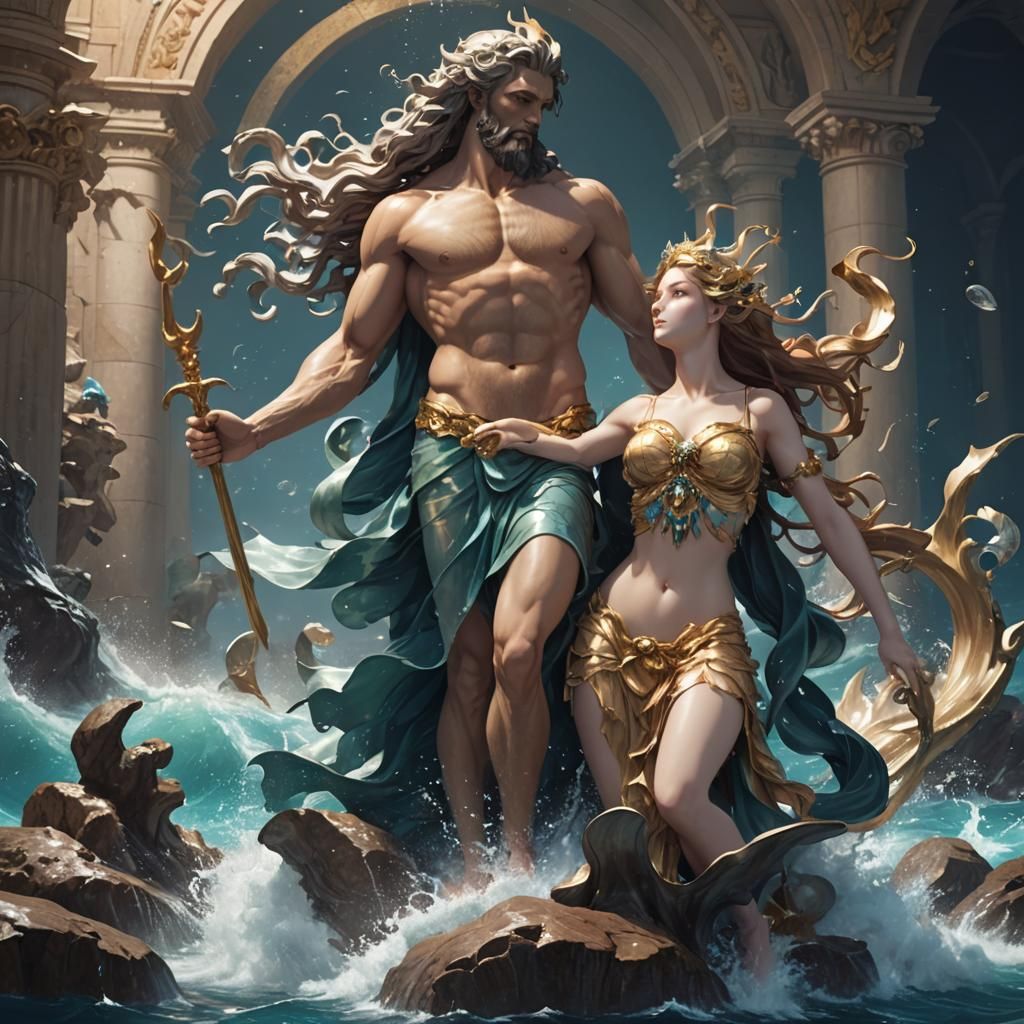 Poseidon and Amphitrite in 3D Anime Art