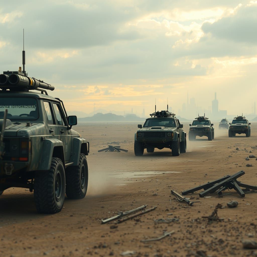 Armored cars navigating a post-apocalyptic wasteland
