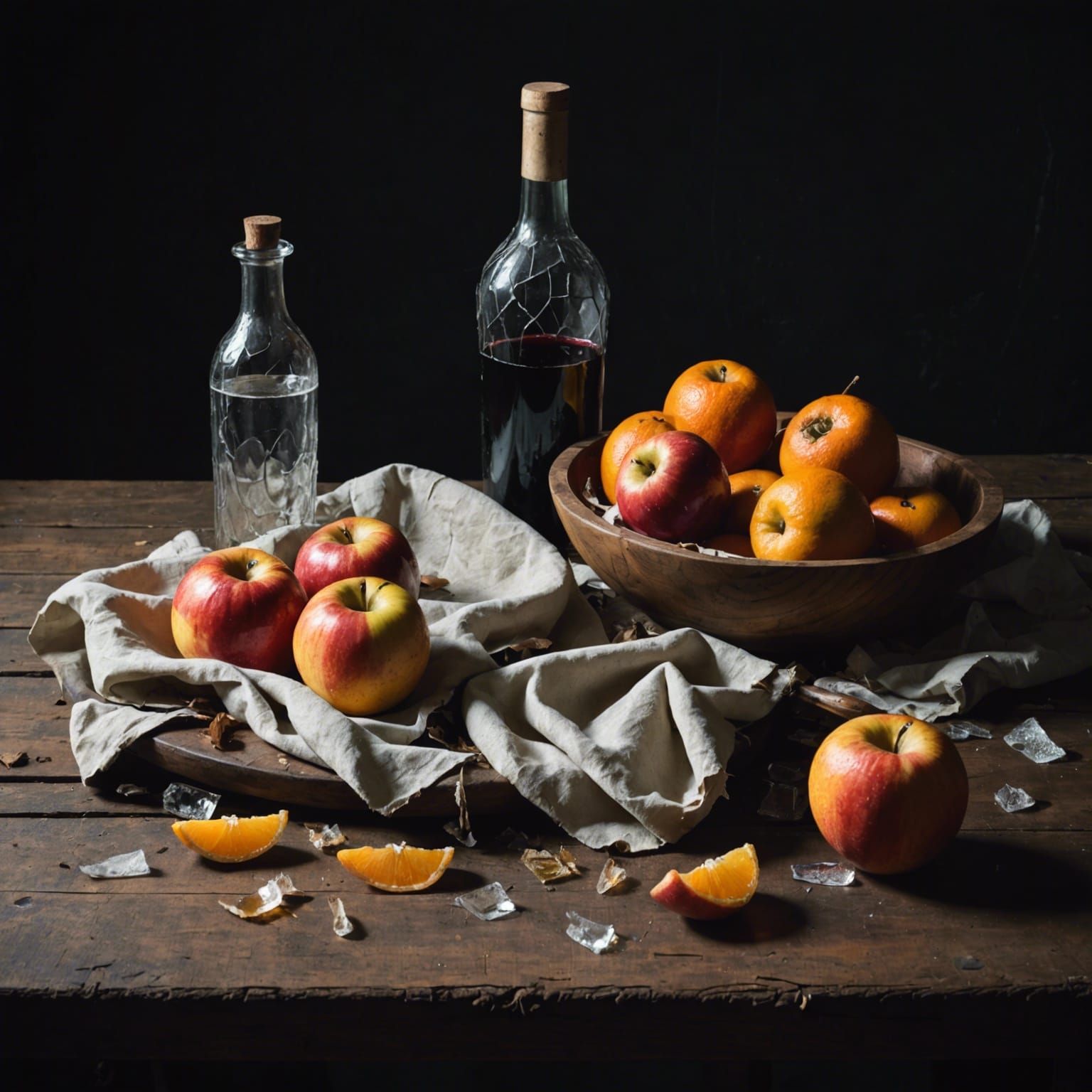 Dystopian Still Life with Decaying Fruit and Broken Glass