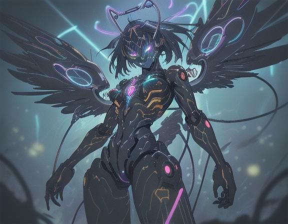 Dark Cyborg Angel with Metal Wings in Digital Art