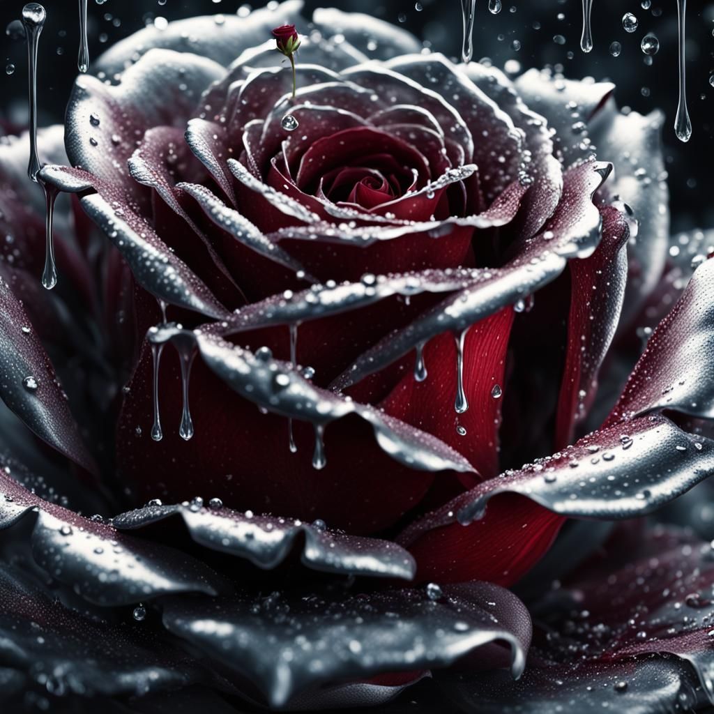 Dark Red Rose Dripping Silver: Digital Matte Painting