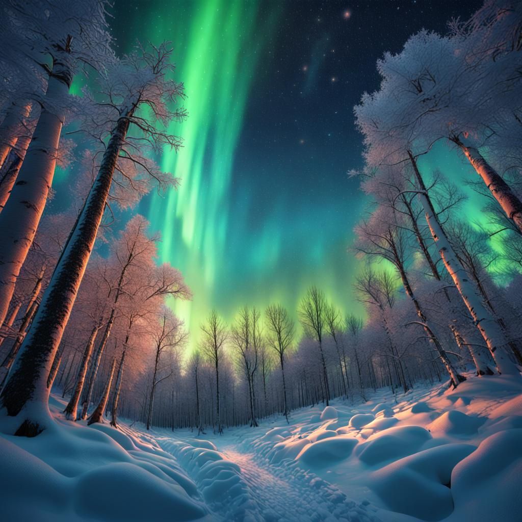 Surreal Winter Wonderland Under Starry Aurora Borealis Sky