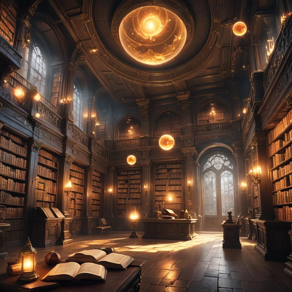 Magical Library with Glowing Orbs: Fantasy Concept Art