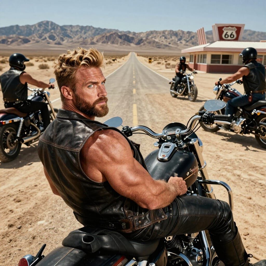 Muscular Bodybuilder on Harley in Desert Landscape