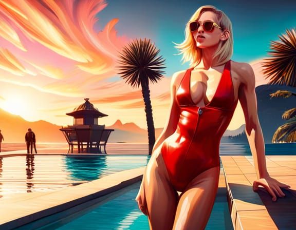Pop Art Blonde with Sunglasses by Pool