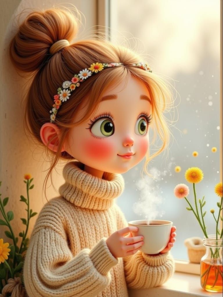 Cozy 3D Girl with Tea by Foggy Window