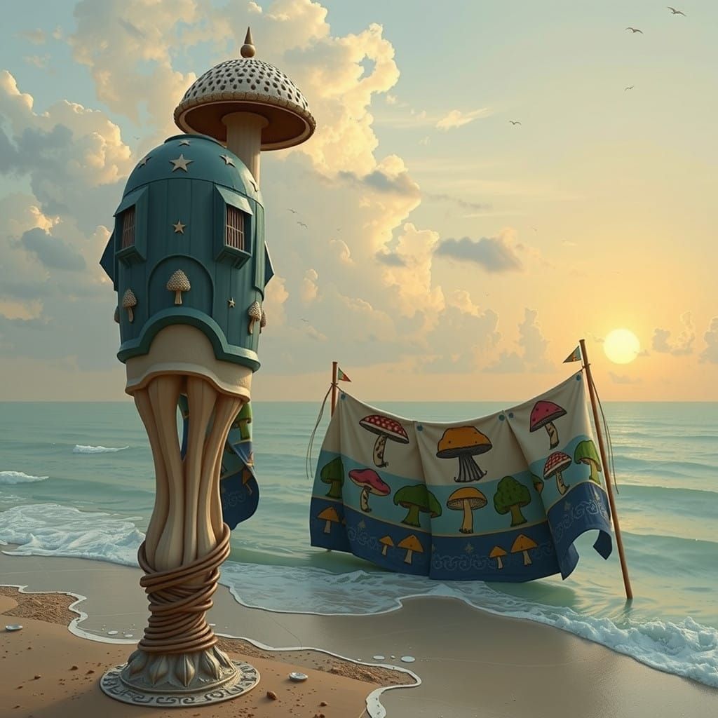 Hyperreal Mushroom Sculpture in Mural Art Style