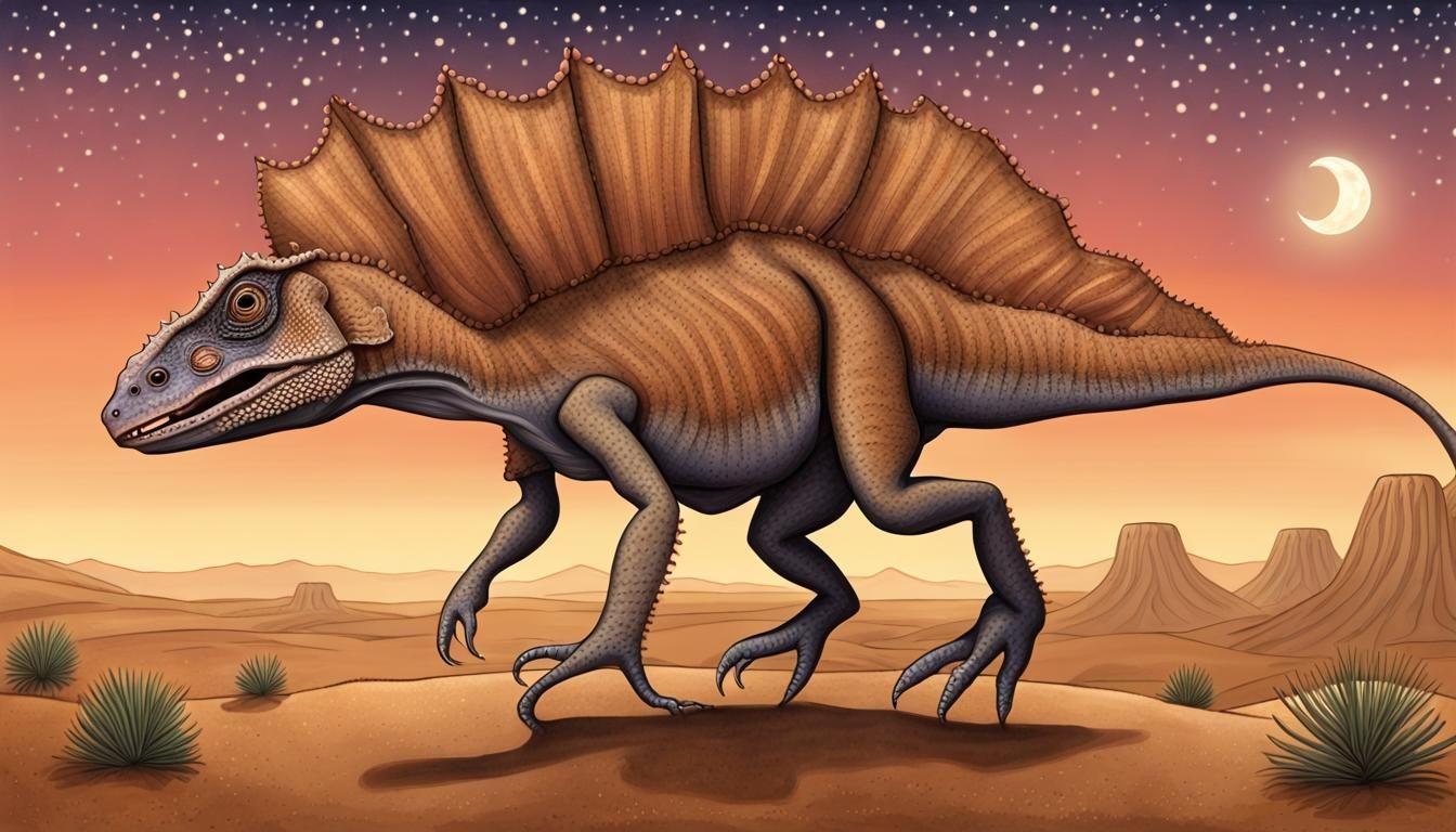 Whimsical Frilled-Neck Lizard Runs Through Starry Desert