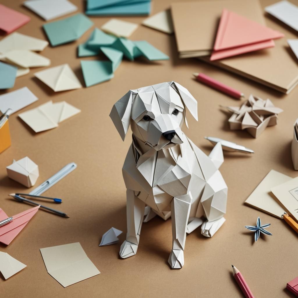 Delicate Origami Paper Dog Sculpture