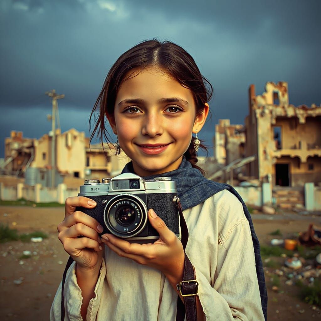 Girl with Camera in War-Torn City, Photorealistic Art