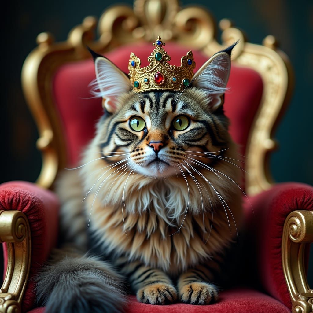 Regal Cat Queen on Golden Throne: Pre-Raphaelite Portrait