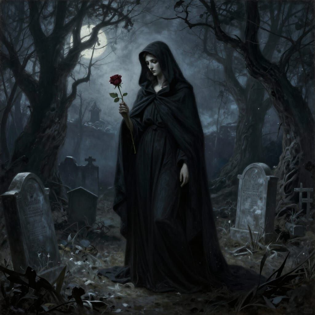 Allegorical Death as Shadowed Figure in Moonlit Graveyard
