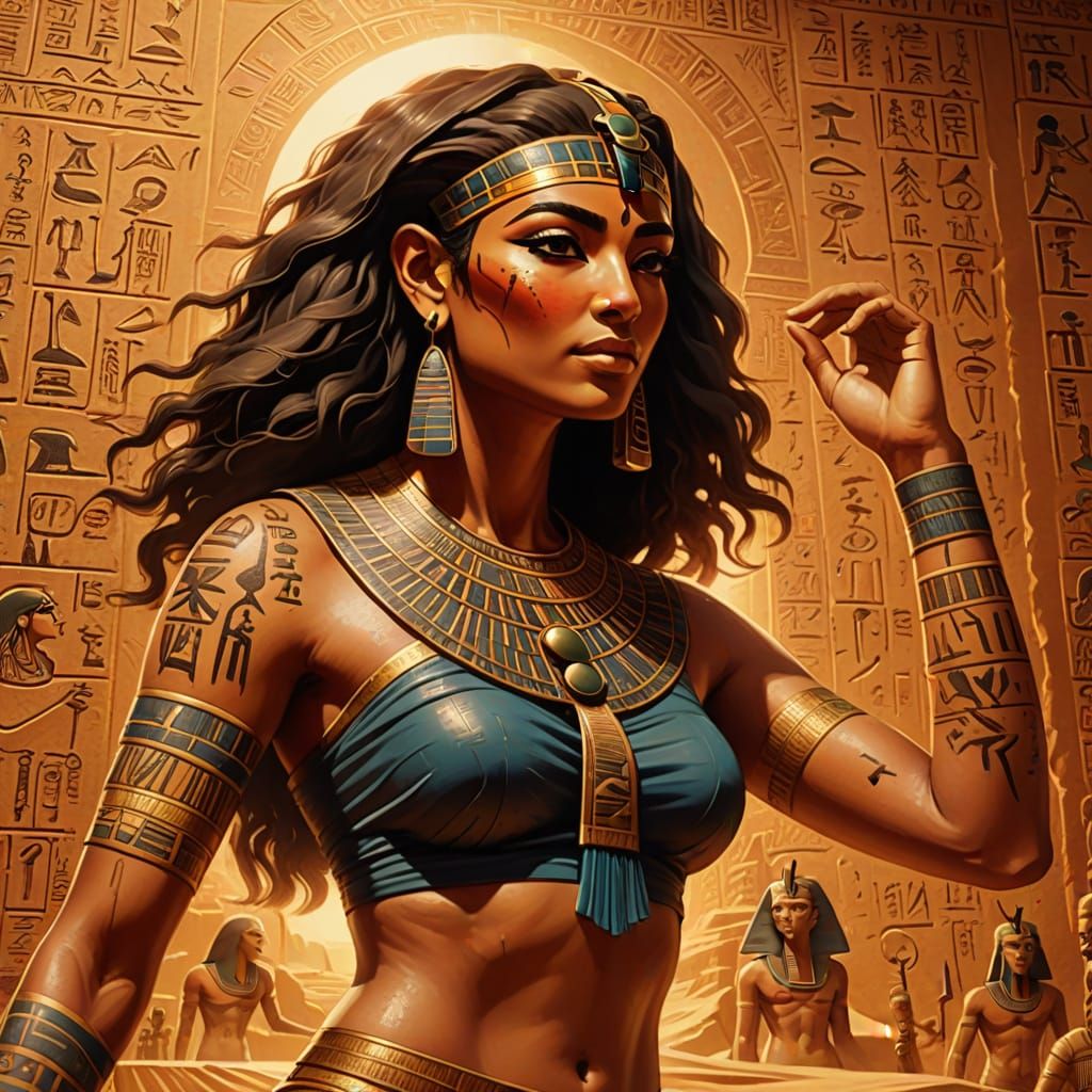 Egyptian Woman with Hieroglyphic Tattoos in Ancient Art Styl...