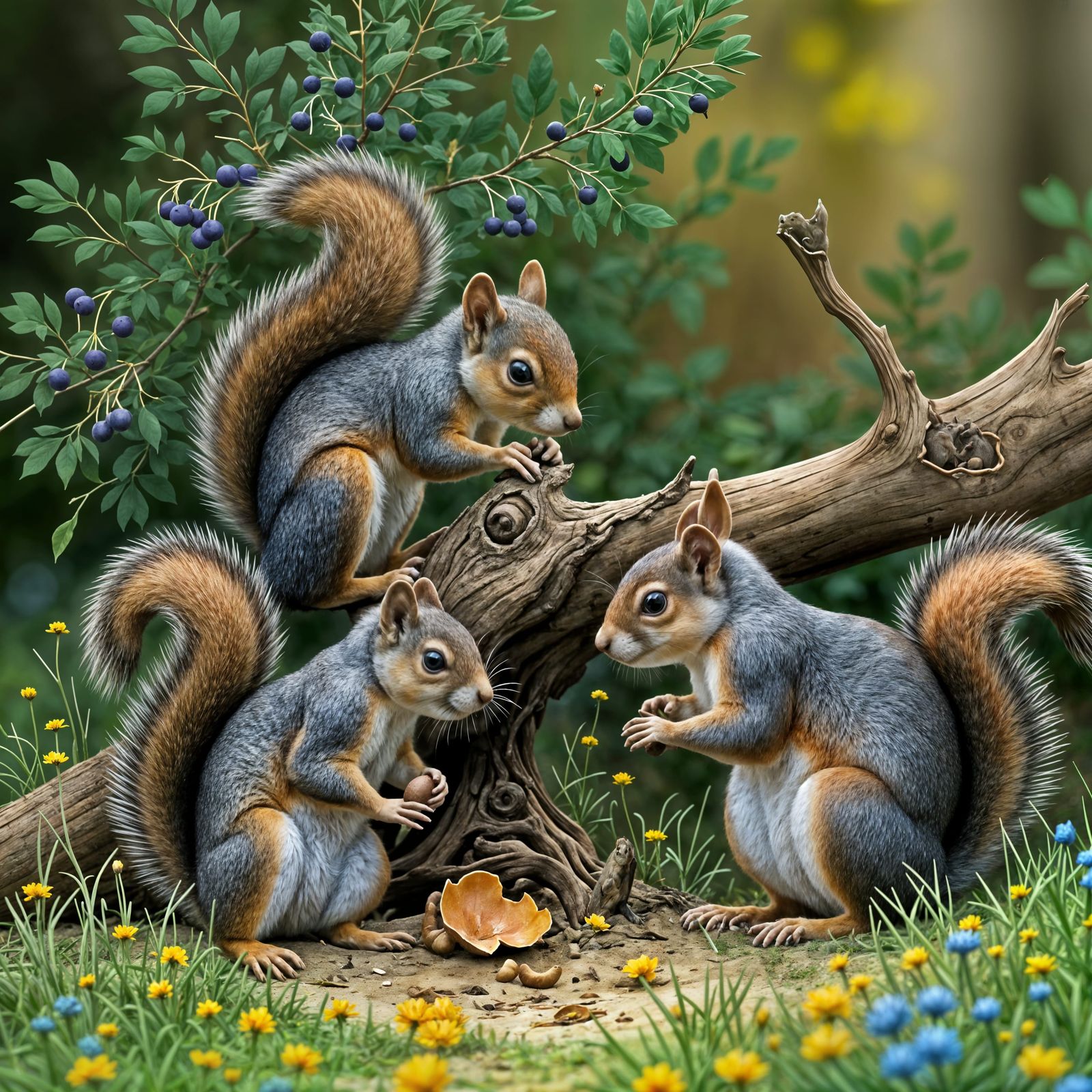Two Squirrels Foraging for Acorns Amidst Autumn Forest Floor