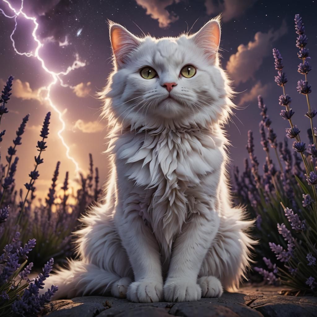 Fluffy Cat in Lavender Field: Dark Fantasy Art