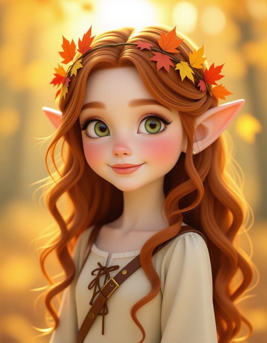 Cute Elf Girl in Autumn Forest CGI