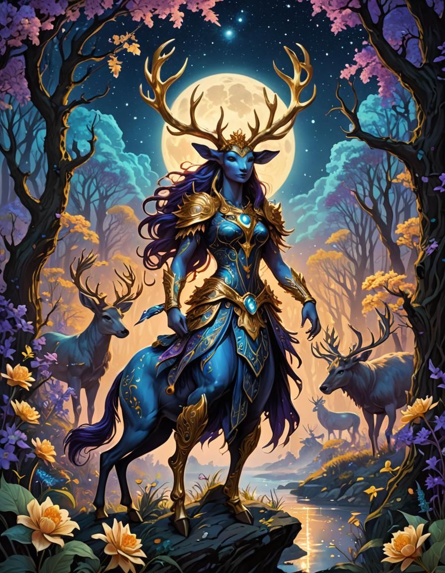 Divine Female Satyr in Bioluminescent Forest