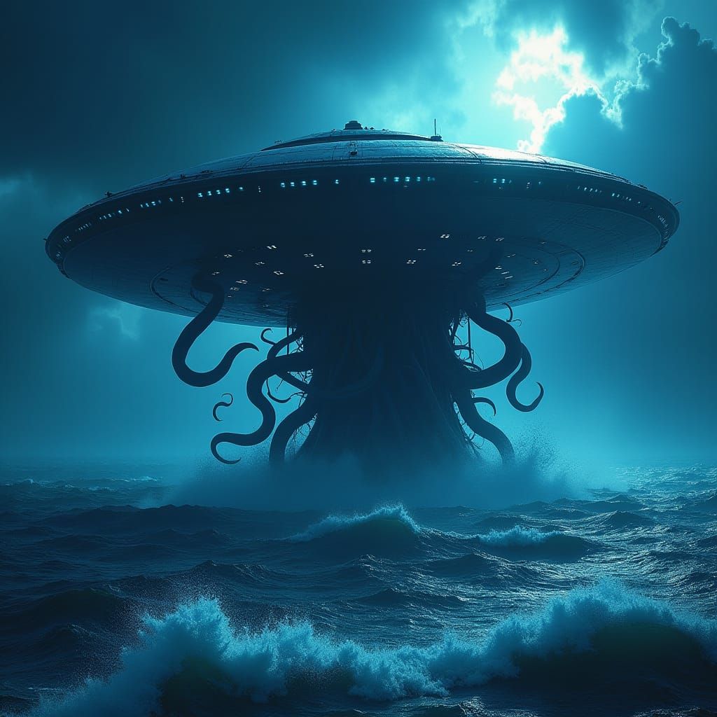 UFO Emerges from Ocean with Kraken in Biomechanical Style