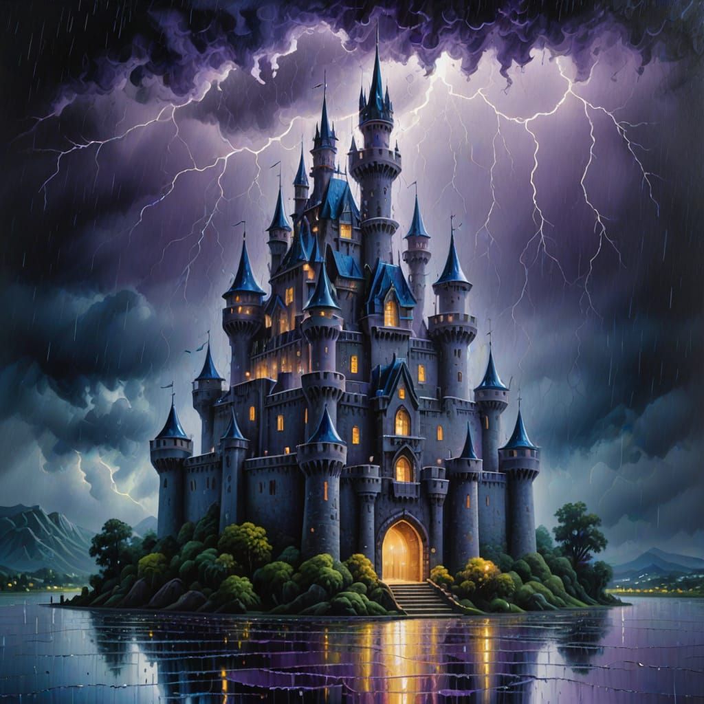 Raindrop Castle Shimmers Under Lightning, as Oil Painting