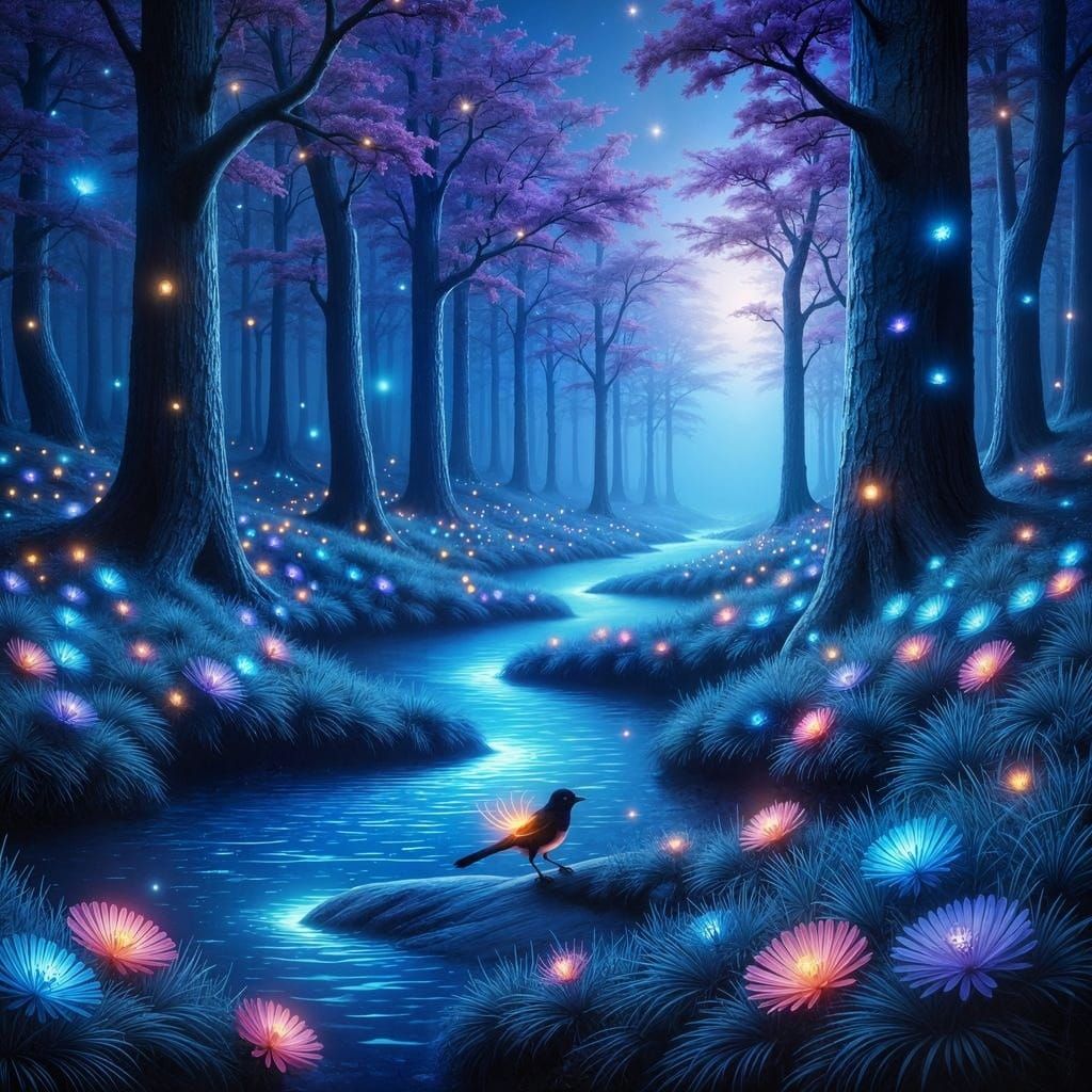 Enchanted Bioluminescent Forest with Crystal Creek