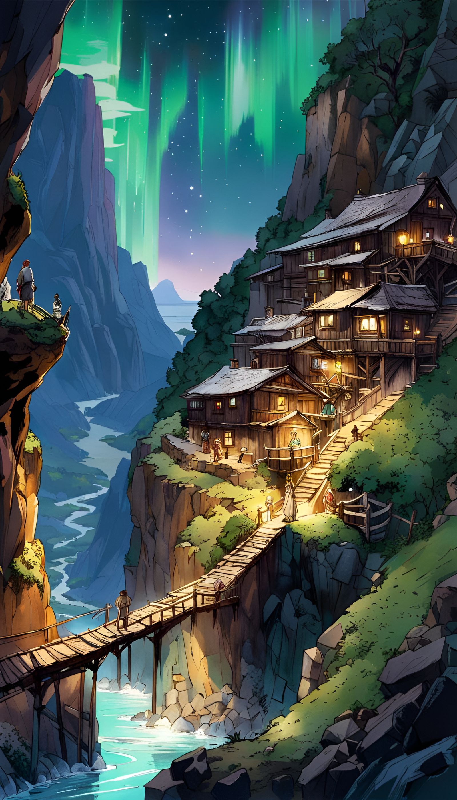 Mountain Village Under Aurora Borealis Night Sky