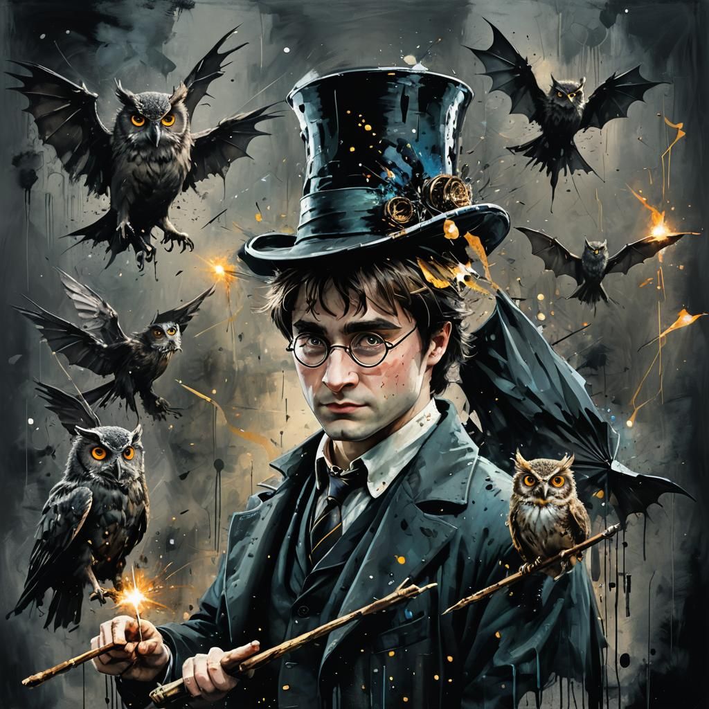 The poster for the Harry Potter movie, where he is in the center in a top hat on a dark background with a magic wand, on...