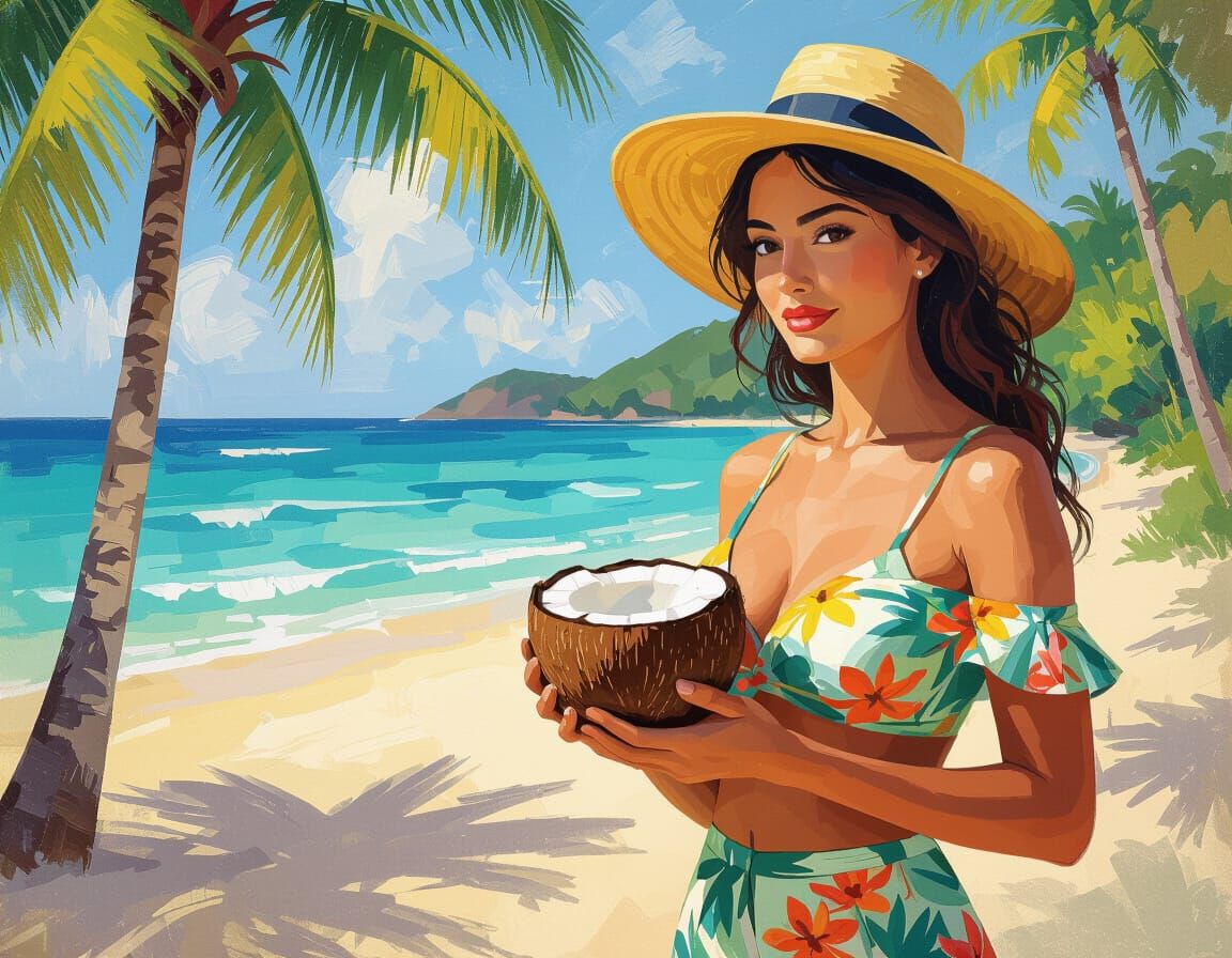 Tropical Woman with Coconut in Post-Impressionist Style