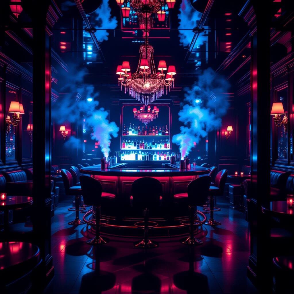 Dimly Lit Nightclub with Distorted Reflections and Neon Acce...