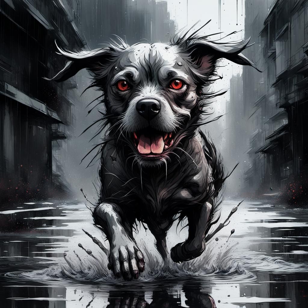 A dog running
Splashing in puddles, on a rainy grey day
by Russ Mills, By Giger
grunge style rough brush strokes with bi...