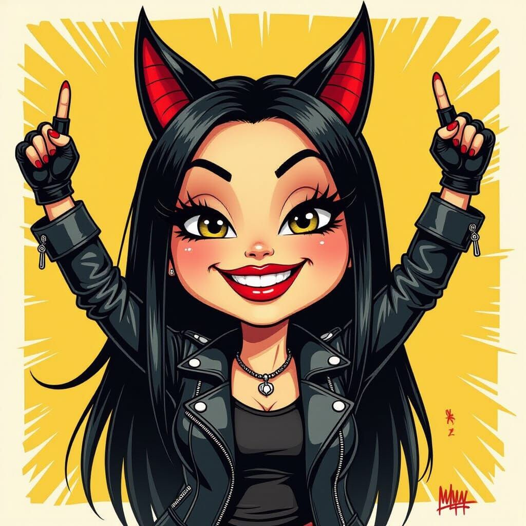 Minion with Black Hair & Devil Horns in Noir Comic Style