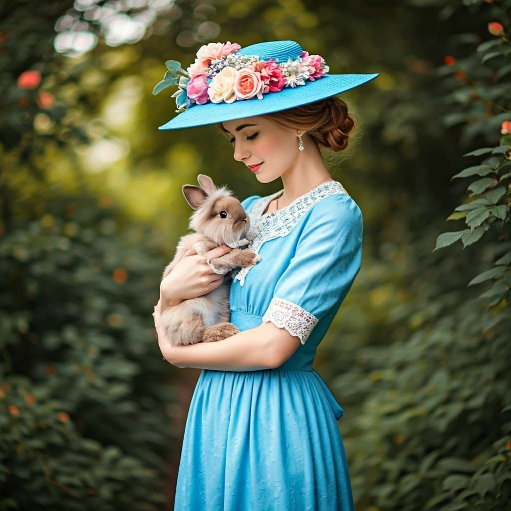Woman in Blue Dress with Floral Hat and Rabbit in Whimsical ...
