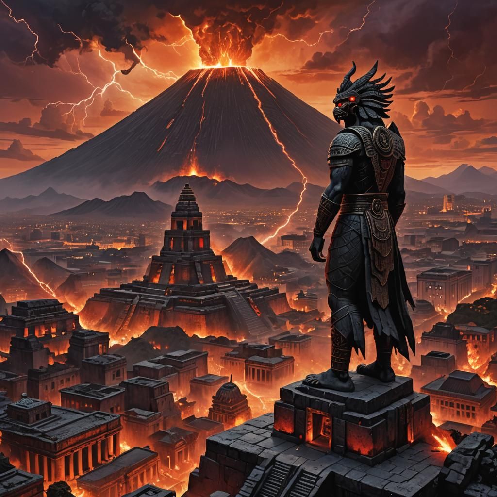 Mayan Statue Over City with Erupting Volcano