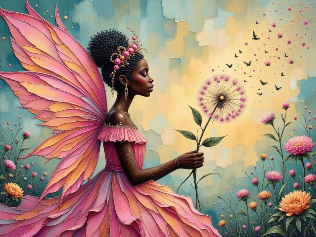 Fairy Blowing Dandelion Seeds in Golden Haze Oil Painting