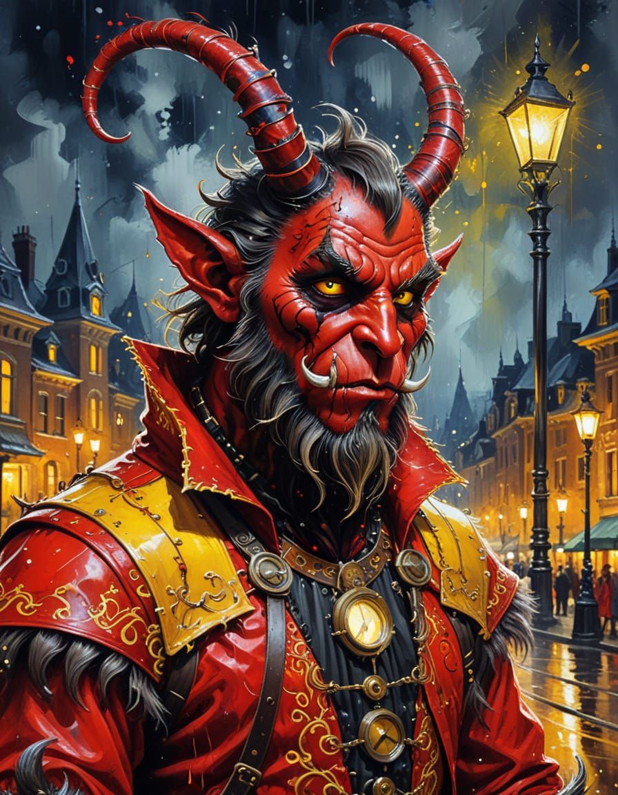 Steampunk Krampus in Night City, Oil Painting Style