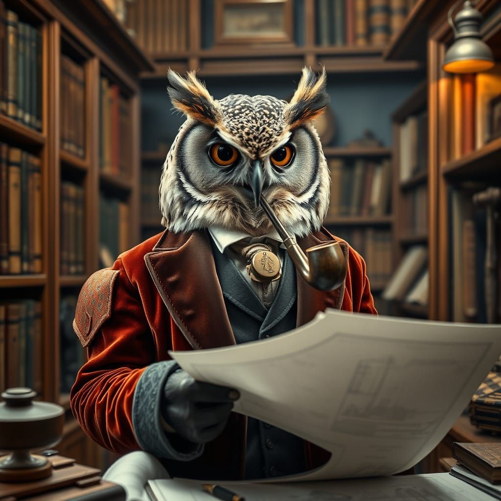 Elegant Owl Architect Reviews Plans in Cozy Library Setting