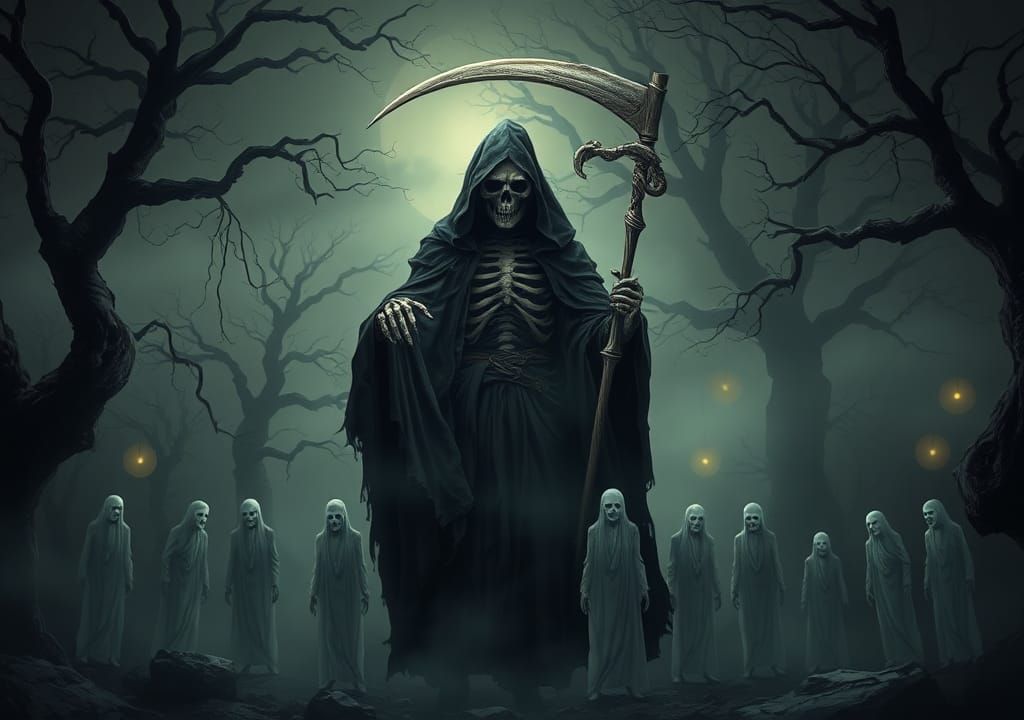 Grim Reaper Guiding Souls in Gothic Landscape